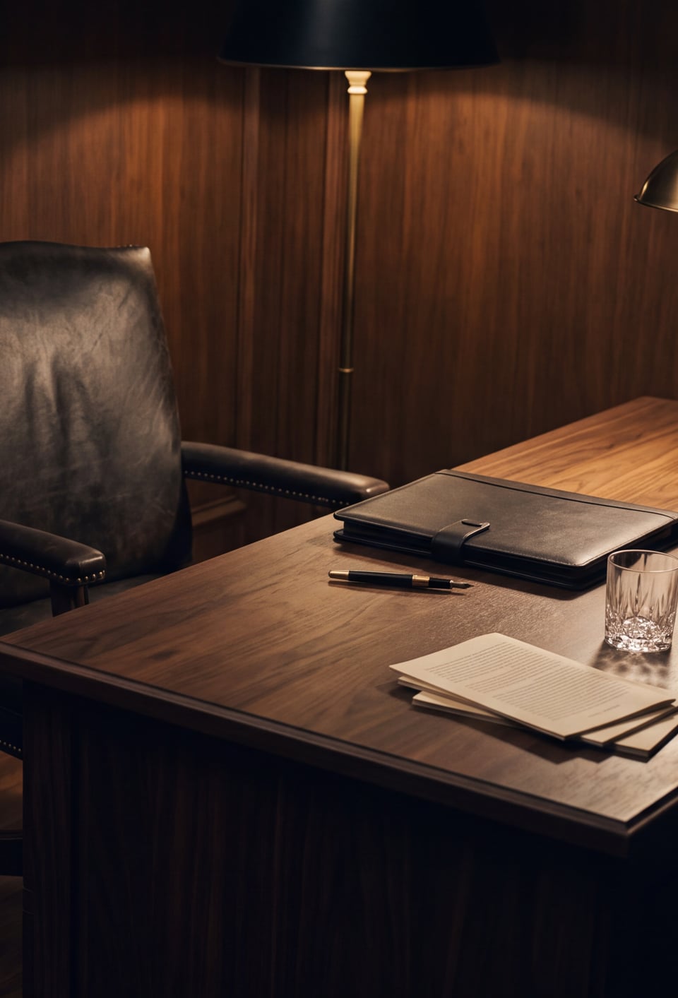 An empty panelled office at night: a leather chair pushed back from a walnut desk, a floor lamp behind it, and a brass desk lamp lighting a closed portfolio, a pen and a stack of papers.
